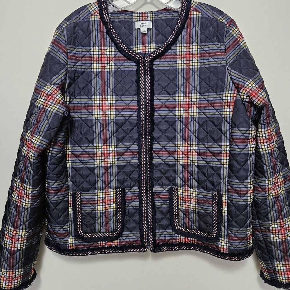 Crown & Ivy Navy Plaid Puffer Quilted Jacket Quilted Zip Front Fringe Pockets M